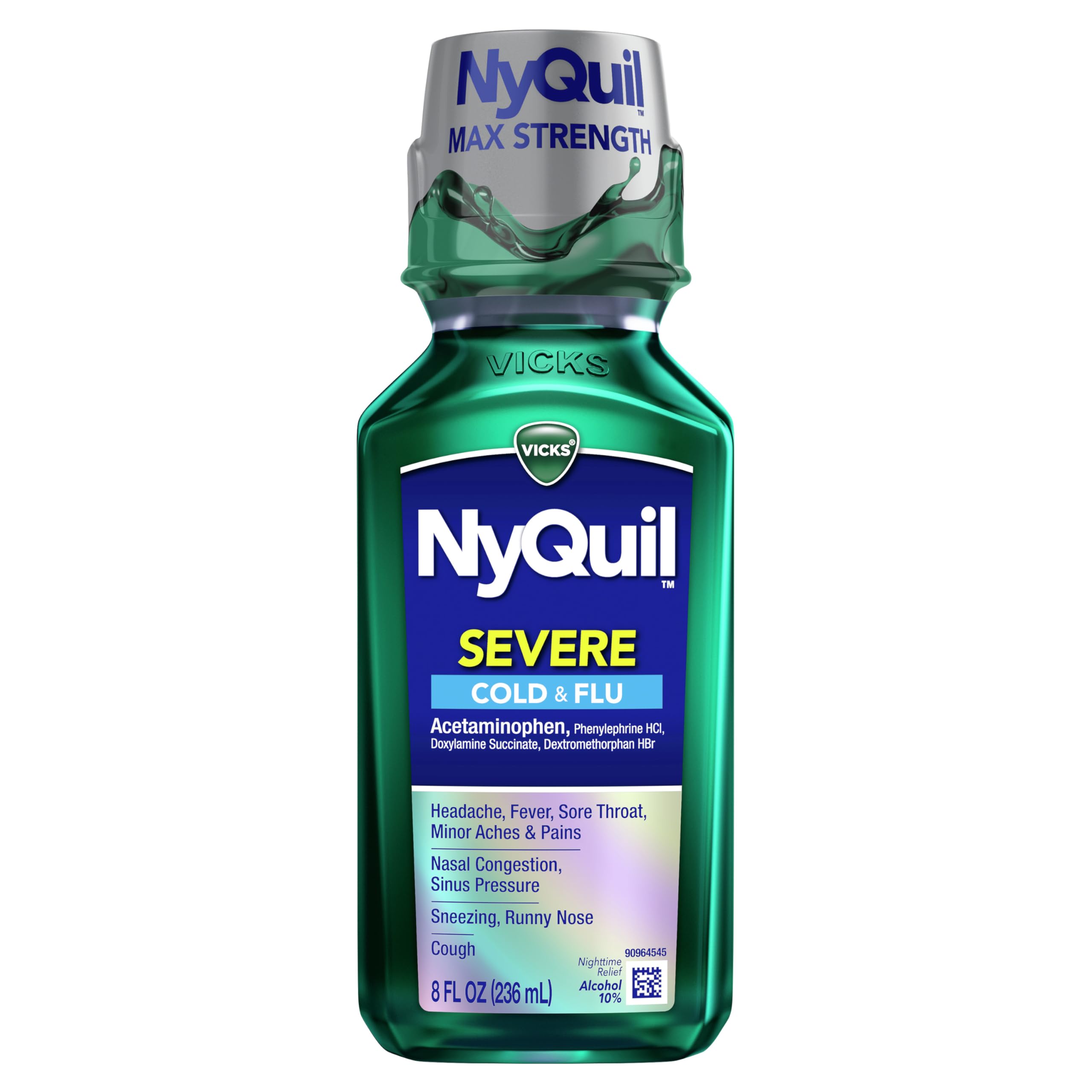 VicksNyQuil SEVERE Cold and Flu Relief Liquid Medicine, Maximum Strength, 9-Symptom Nighttime Relief For Headache, Fever, Sore Throat, Nasal Congestion, Sinus Pressure, Runny Nose, Cough, 8 FL OZ