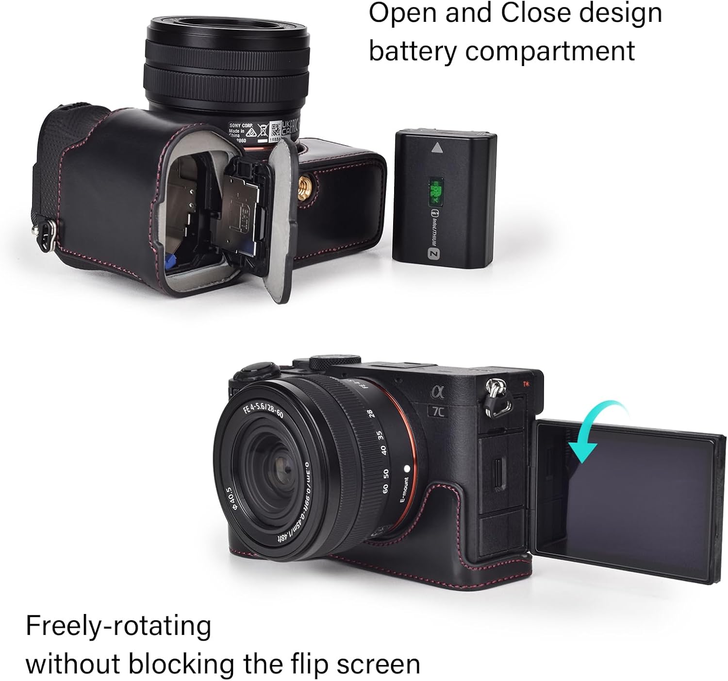 Rieibi Alpha 7C II Case - Premium PU Leather Half Case for Sony A7C II/Alpha 7C Mark II/A7C2 Digital Camera - Protective Grip with Hand Grip & Opening Bottom - Black