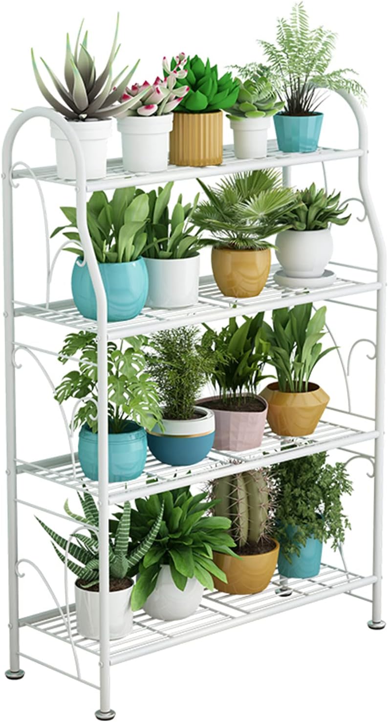 TRIANGLE Plant Stand, Flower Stand, 4 Tier Metal Plant Shelves, Storage shelf, Shoe Rack, Multiple Flower Pot Stand Holder Shelf Organizer Rack for Garden Indoor Outdoor (4 Tier, White)