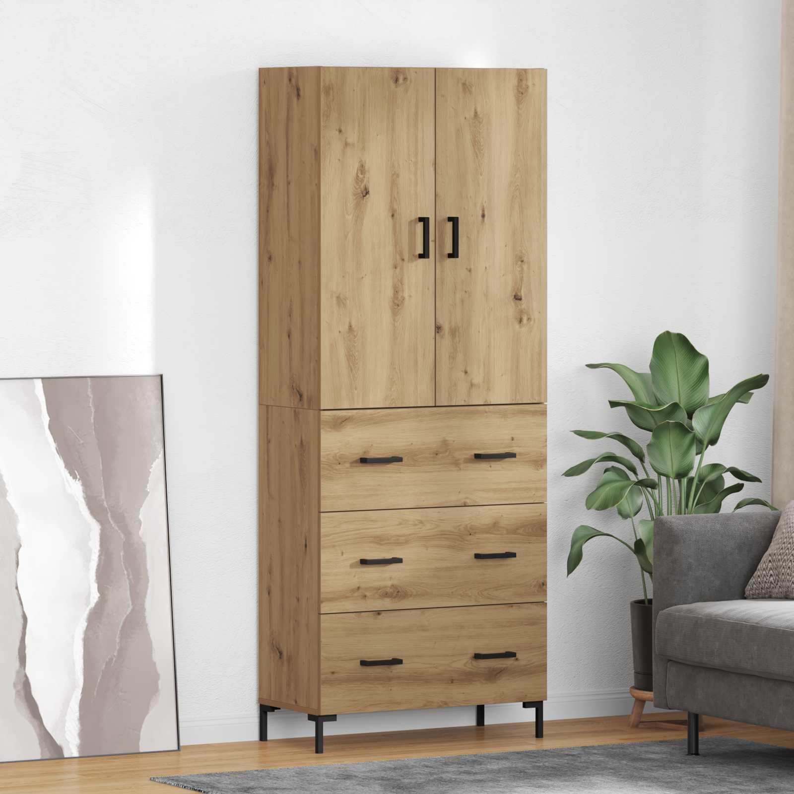 Armadietto alto di alta qualità in rovere Artisan, 69,5 x 34 x 180 cm, con cassetti e ante per soggiorno, sala da pranzo, corridoio, ufficio