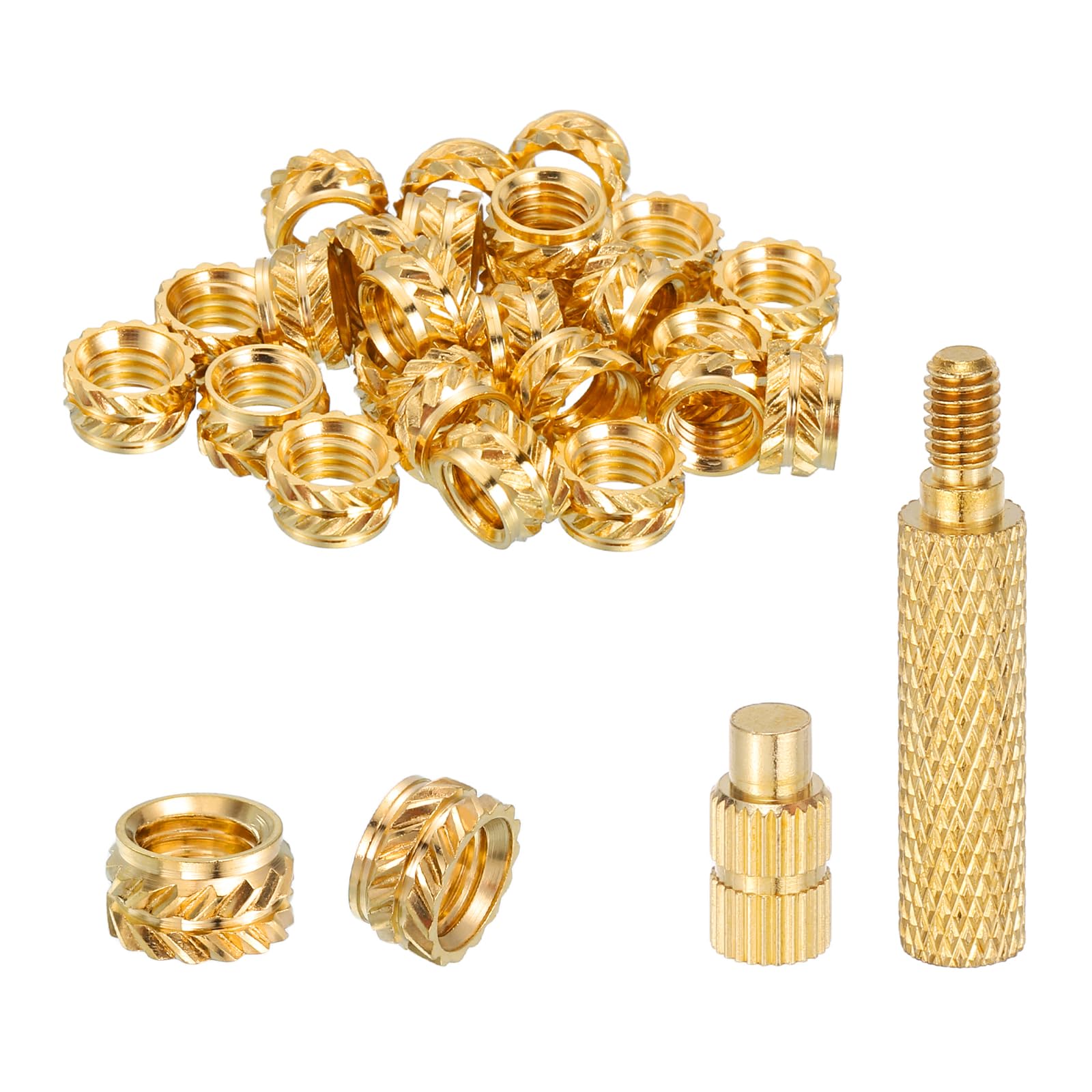 sourcing map 50 Pcs Threaded Inserts with Soldering Iron Tip Press Tool, M5 x 4mm H x 7mm OD Brass Metric Knurled Nuts Heat Set Inserts Embedment Nut for 3D Printing Plastic Parts