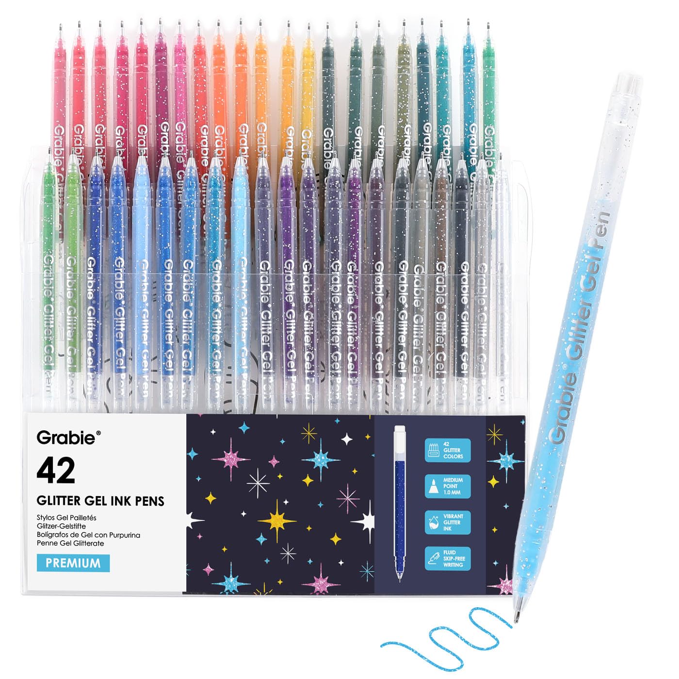 Grabie 42 Capped Glitter Gel Pen Set, 18 Iridescent&24 Essential Color Pens, Smooth Rollerball Tip, Metallic Sparkly Gel Pens for Coloring, Set of 42