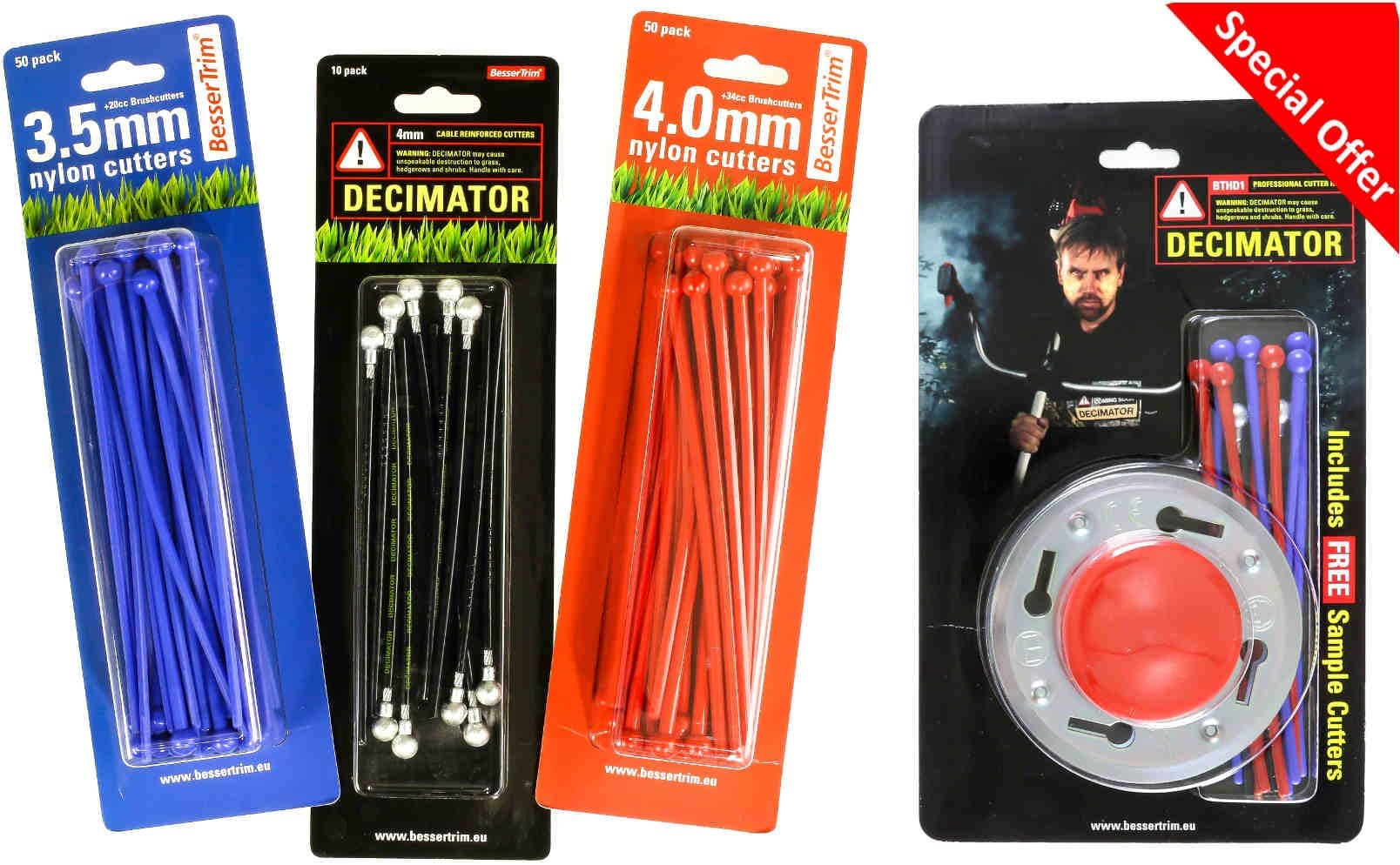 BesserTrim AMZ2 Bundle: one pack of each of Blue (BT35) and Red (BT40) Nylon Cutters, DECIMATOR cutters (BT40D) Pro' Head (BTHD1)