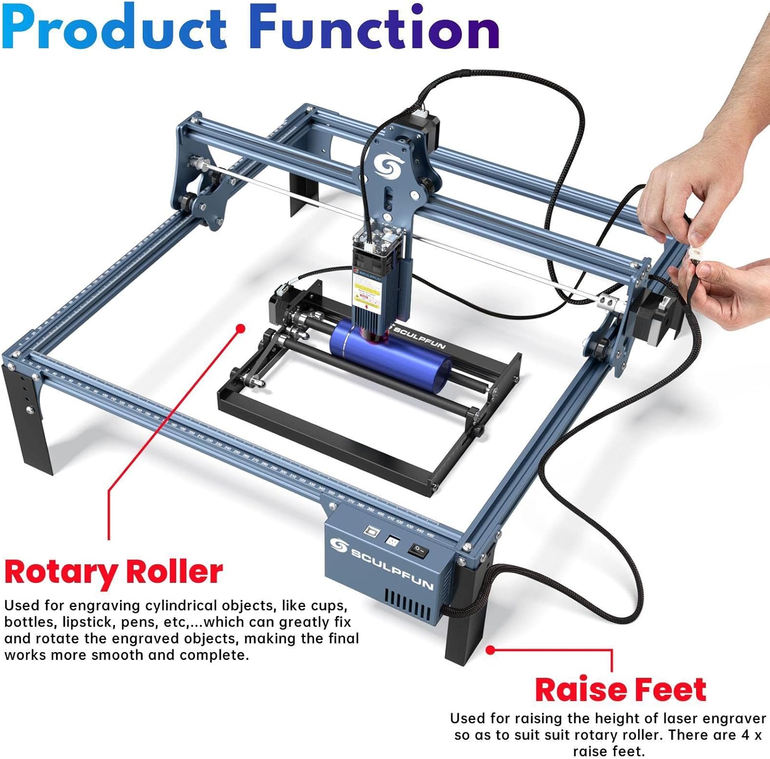 SCULPFUN Laser Rotary Roller, Rotation Auxiliary Kit for Laser Engraver, 360° Auto Rotating Roller for Engraving Cylindrical Objects, Shape Like Bottle Can Pen Cups Lipstick, with 4 Raise Feet