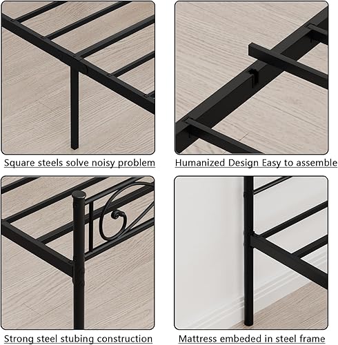 Miniatura 8 de Base de cama de plataforma de metal individual con cabecero, soporte de listones de acero resistente, base de colchón, almacenamiento debajo de la