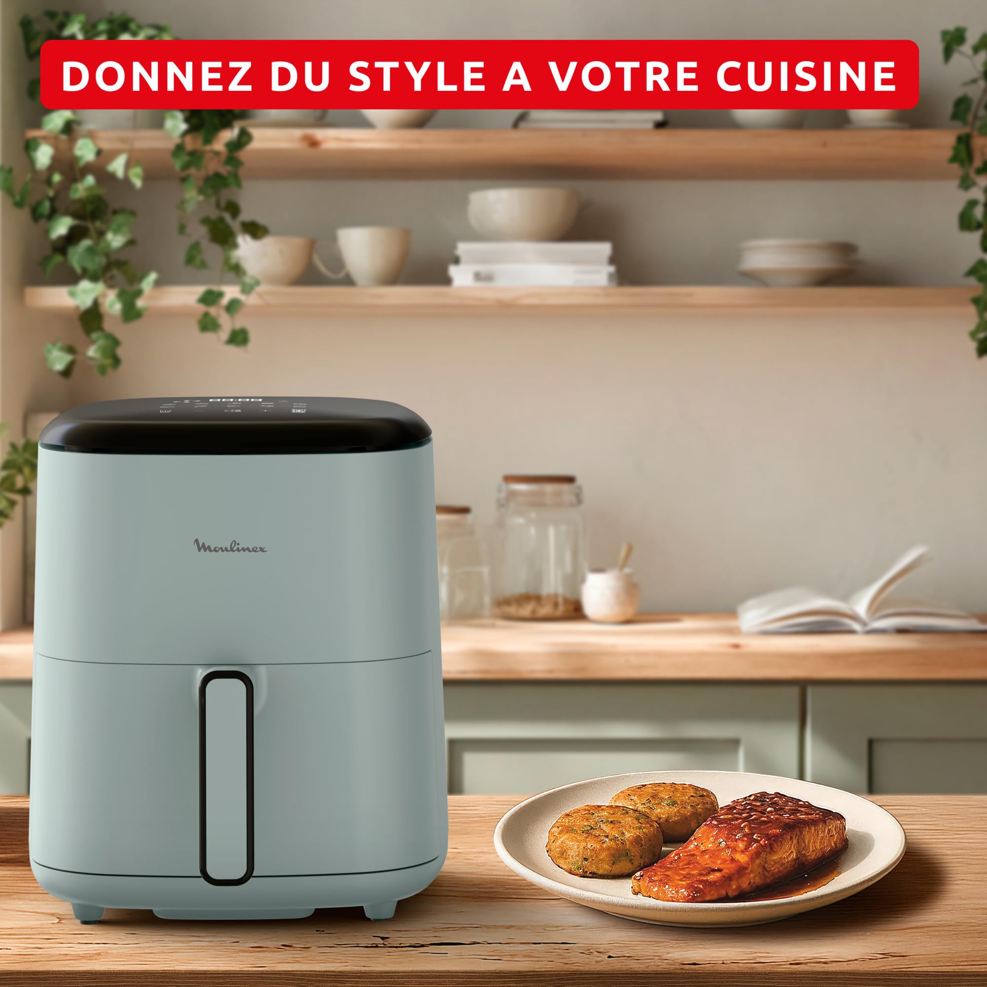 Moulinex Easy Fry POP EUCALYPTUS 5L, air fryer, Jusqu'à 6 personnes, 10 Programmes intuitifs, Ecran tactile digital, Gain de temps et d'énergie, EZ2454F0