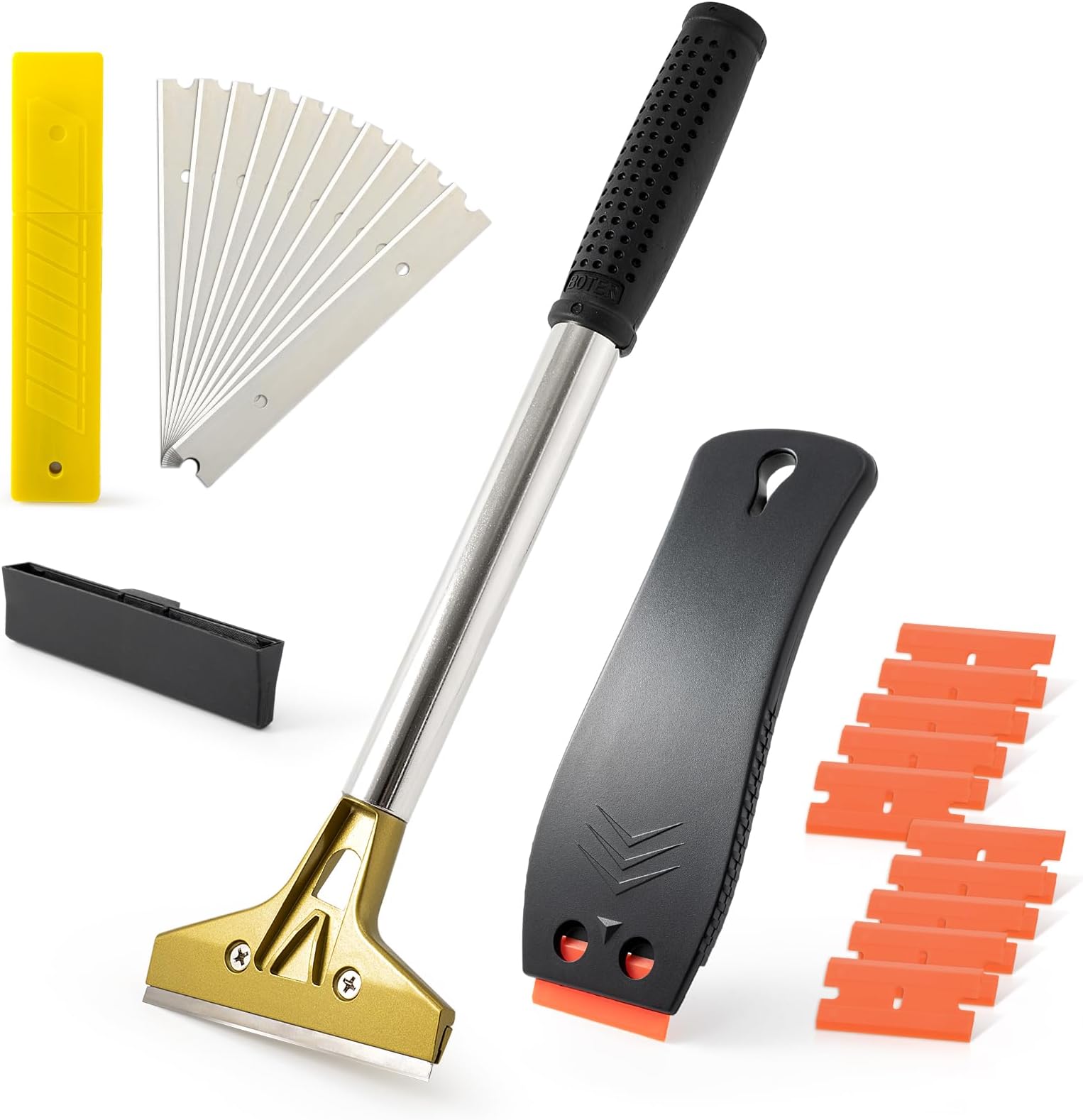 Gomake Razor Blade Scraper Tool Set 4 Inch Floor Scraper with 10PCS Extra Metal Blades and Plastic Razor Blade Scraper for Glue Label Adhesive Removing,Glass Stove Top Scraper