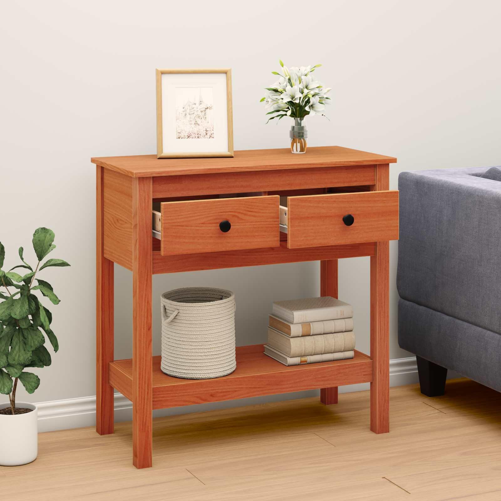 Mesa consola marrón cera madera de pino maciza, 75 x 35 x 75 cm, con cajones y estante, mesa auxiliar, mesa auxiliar para salón, dormitorio, pasillo, oficina, ahorra espacio, moderna