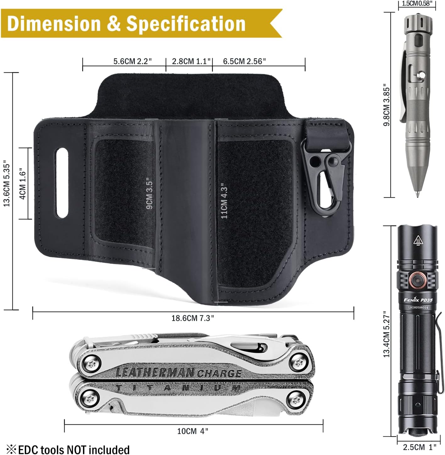 VIPERADE PL3 Multitool Sheath, Leather Sheath with DIY Patch Area, EDC Pocket Organizer for Men, Leatherman Sheath Flashlight Holder with Pen Holder, EDC Belt Organizer with Key Holder (B-Black) - Image 6