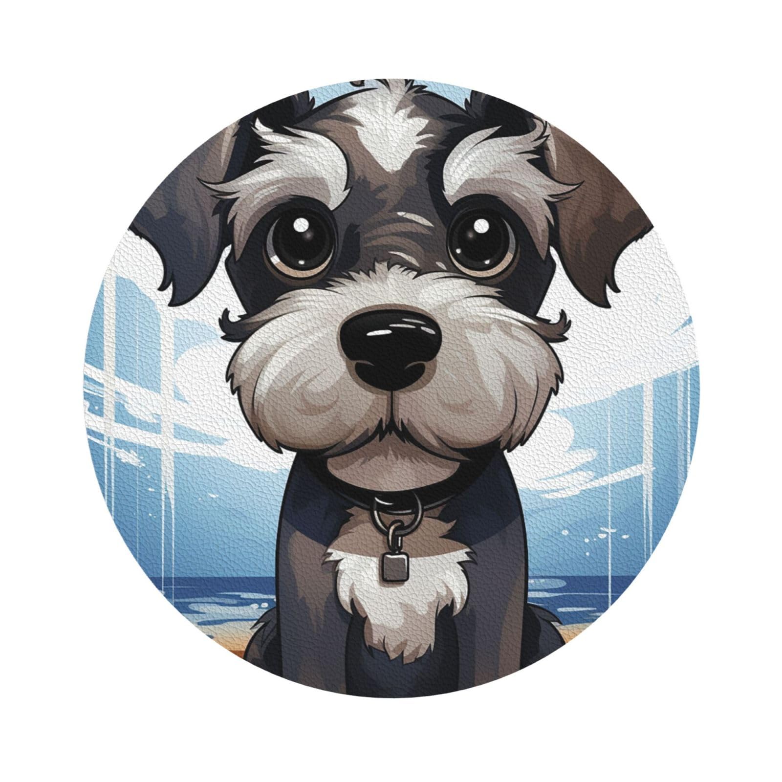 Fodpand Round Shape Adorable Schnauzer Drink Coasters Set Of 4, Heat Resistant Leather Coasters Fuuny Bar Beer Beverage Coaster For Drinks, Absorbent Cup Mat For Tabletop Protection, Housewarming Gift
