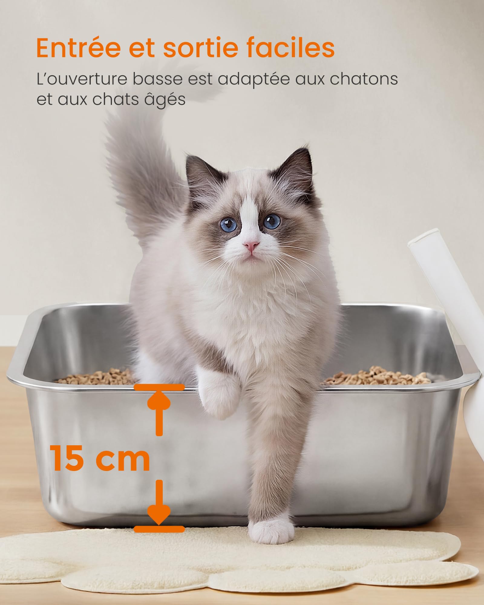 Feandrea Bac à Litière pour Chat en Acier Inoxydable, Litière Ouverte avec Pelle, Argent, 50 x 35 x 15 cm, pour Chats de Taille Moyenne et Grande PPT016E101