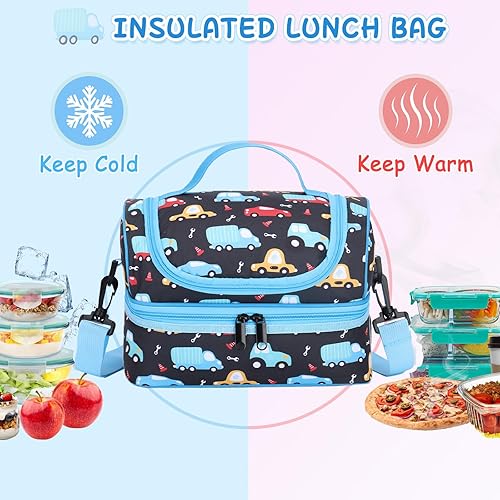 Miniatura 5 de Kasqo Bolsa de almuerzo para niños, bolsa térmica reutilizable con compartimentos de dos pisos para niños, escuela, picnic, viajes, autos negros