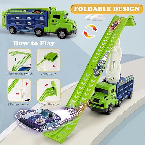 Miniatura 7 de Juguetes de camión para niños pequeños, camiones transportadores de automóviles para niños de 3 a 5 4 a 8 años, juegos de pista de autos plegables