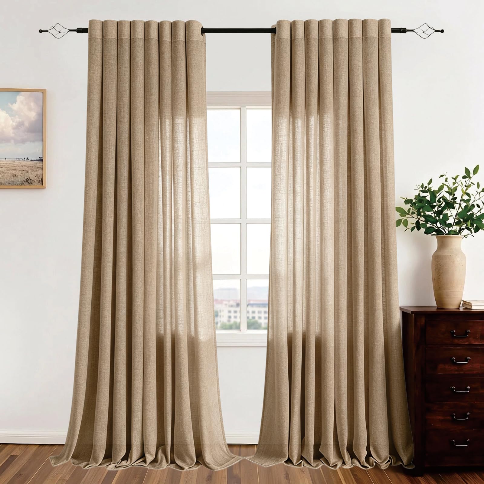 Boho Leinen Vorhang Halbtransparente Gardinen 110 x 100 cm Gardinens mit Ösen Lichtdurchlaessig, leicht und datenschutz dekorativ Leinenvorhang für Wohnzimmer und Schlafzimmer Voile Gardine, braun