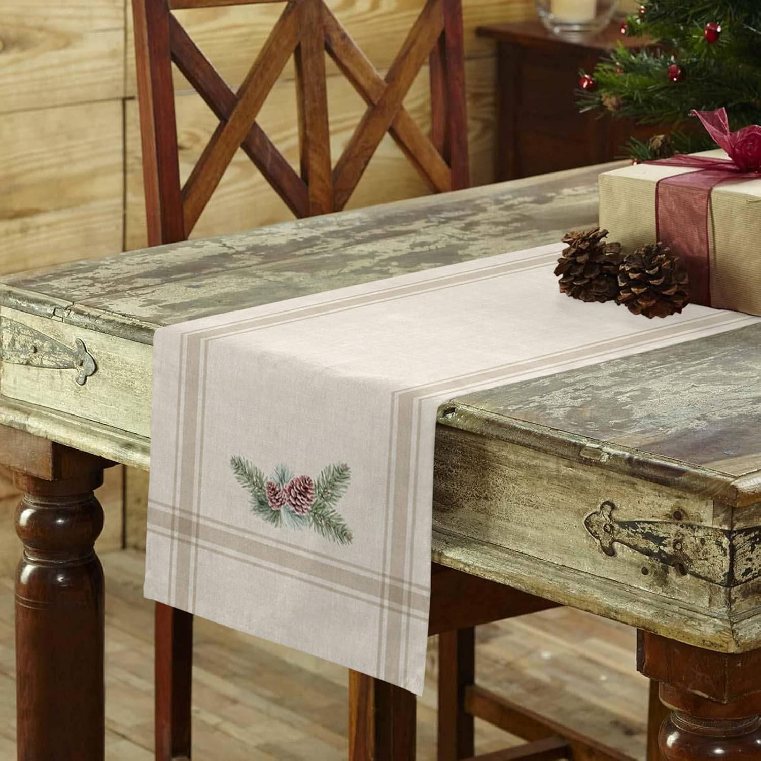Lilmeme Table Runners 120 inches Long Christmas Winter Pine Tree, Wedding/Coffee Runner, Farmhouse Style Linen Cloth for Dinning Holiday Party Indoor Outdoor Decor, Heat,Grey Striped Khaki 13x120inch