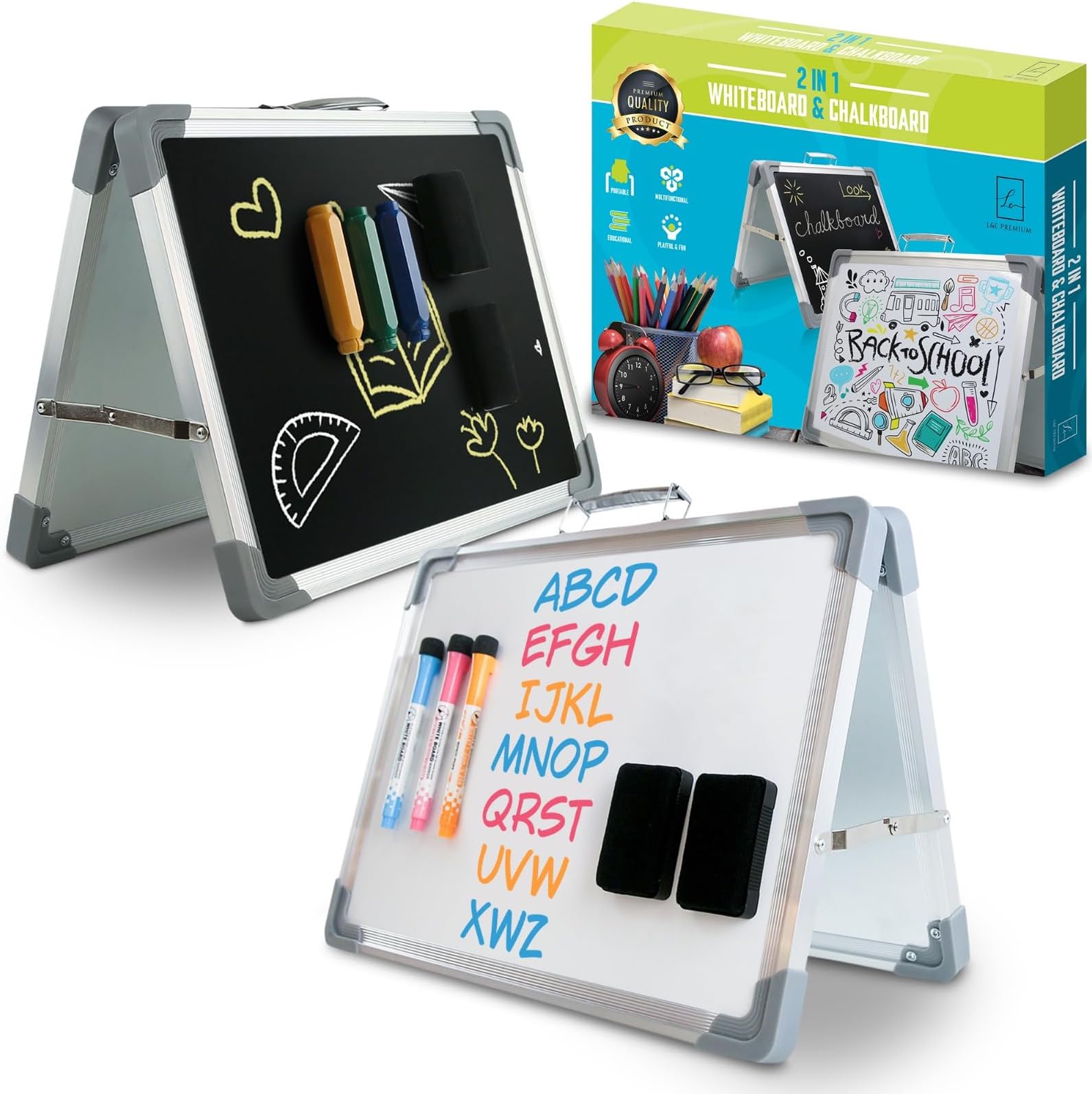 White Board and Chalk Board Combo. 16 x 12 in, Desktop Foldable Double-Sided Whiteboard and Chalkboard for Drawing, Teacher Instruction and Travel