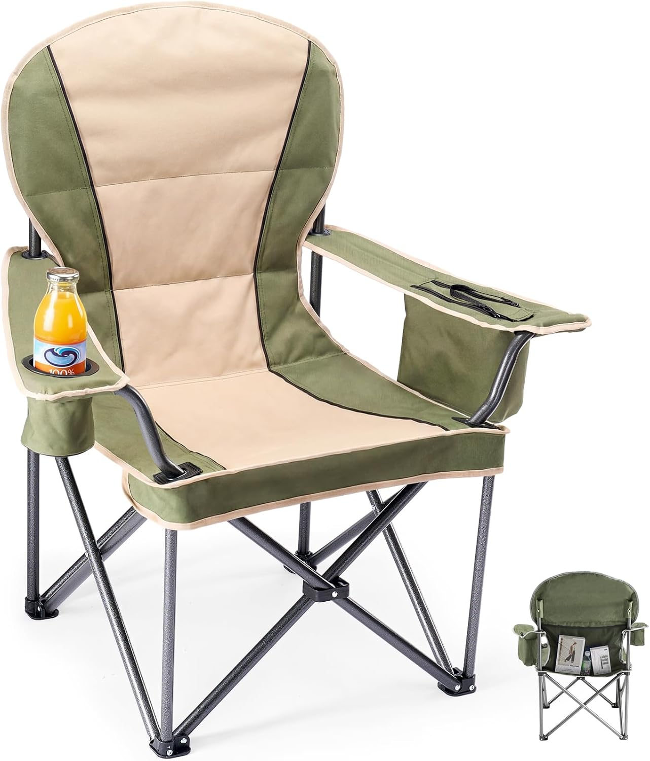 OLIXIS Folding Camping Chair, Portable Collapsible Chair with Cup Holder, Non-Slip Feet, Heavy Duty Lawn Chair for Hiking Beach Sports, Cooler Bag, Thicken 300D Oxford, 500 LBS, Green