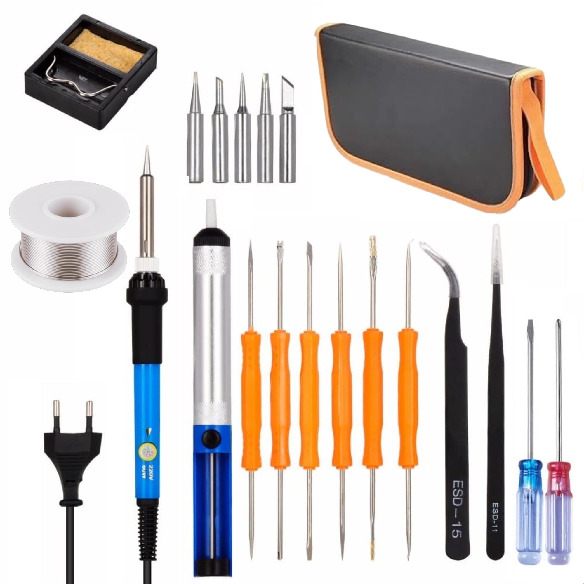 Corslet Soldering Tool Kit With Adjustable Temperature Welding Iron, 5 Tips, Desoldering Pump, 2 Tweezers, Tin Wire Tube, Stand And 6 Aid Tools In Pu Carry Bag, Corded Electric-picture-21