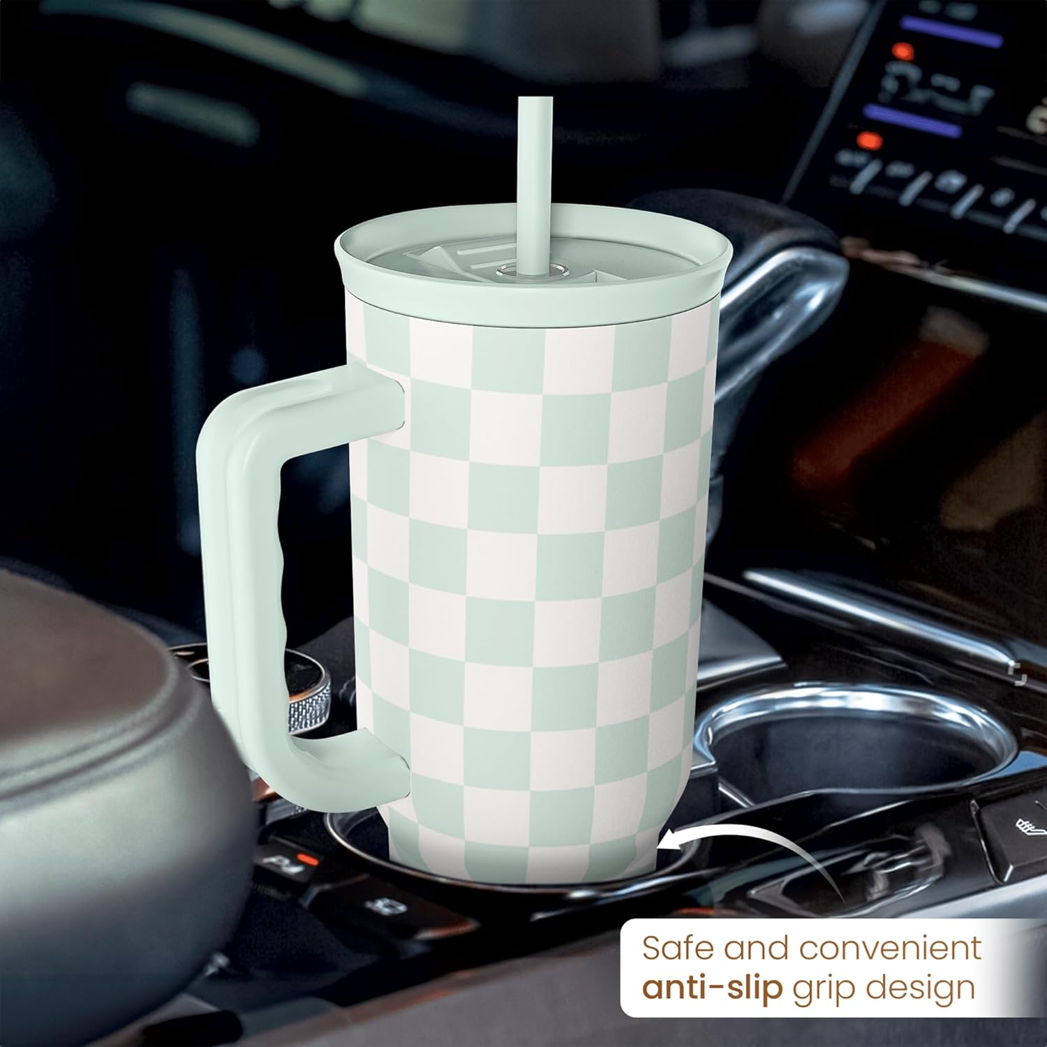 SANDJEST Checkered Tumbler with Handle 40oz, Mint Checker Cup Stainless Steel Insulated Tumblers Coffee Travel Mug Cups with Straw, Gifts for Women Girls Teen Birthday Christmas - Image 6