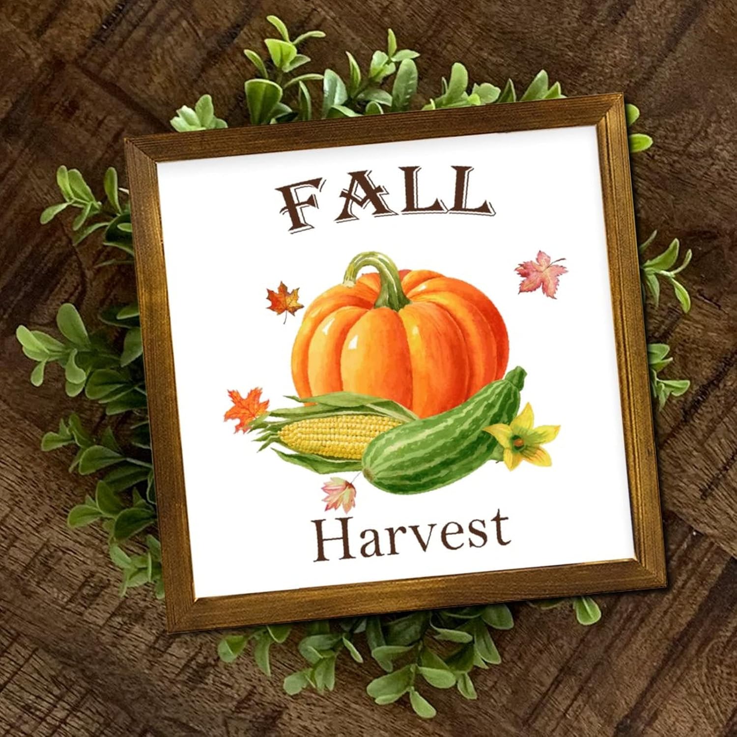 Fall Harvest Framed Wood Sign Pumpkin Flower Maple Leaves Wood Plaque Sign Classic Harvest Thanksgiving Wall Decor Farmhouse Rustic Wooden for Indoor Holiday Home Classroom Office 12x12 inch