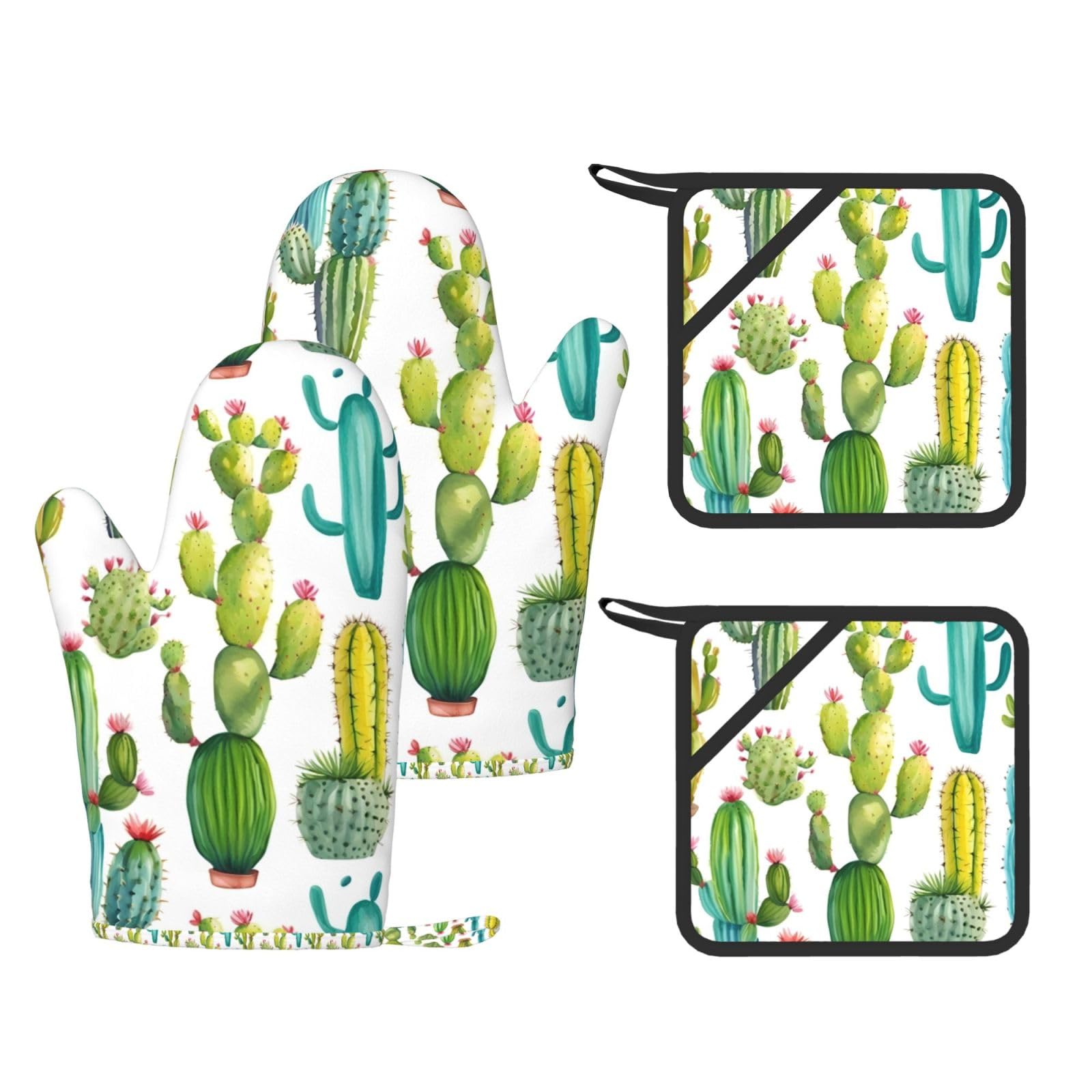 Cactus Print Kitchen Heat Resistant Set,Cooking Kit With Hanging Loop For Baking & Bbq