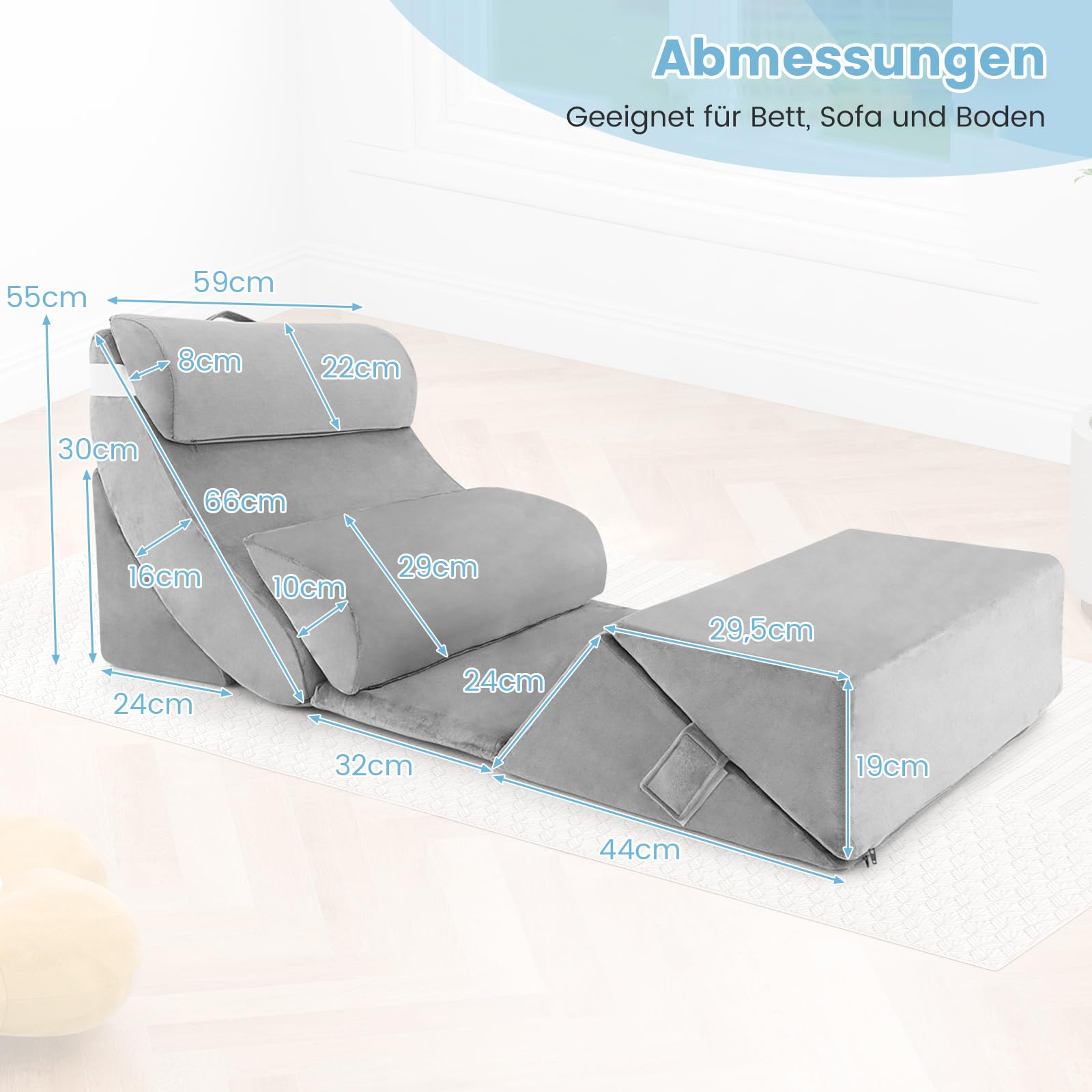 COSTWAY 7pcs Orthopädisches Keilkissen Set, verstellbares Bettkeilkissen mit Memory-Schaum Kissen, für Sodbrennen, Schmerzlinderung, Beinhochlagerung, Schnarchen, zur postoperativen Reparatur, Grau