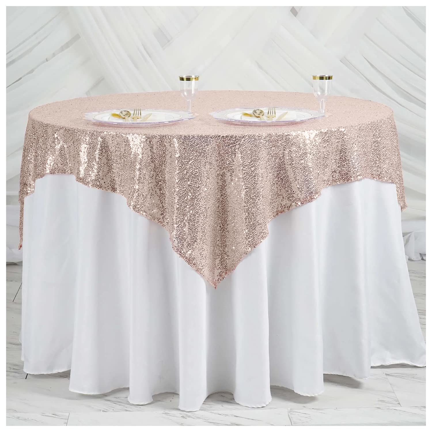 Trimming Shop 50 x 50 Inch Rose Gold Sequin Square Table Cloth Overlay Sparkly Shiny Linen Glitter Tablecloth for Wedding Birthday Party Christmas Banquets Dining Decoration Event, 1pc — image 1