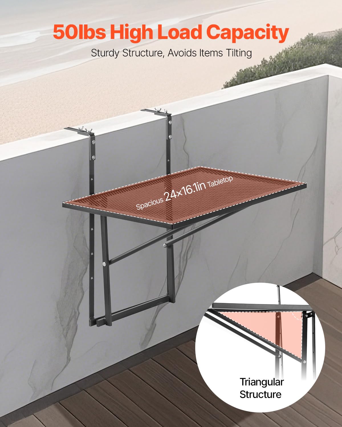 VEVOR Table Suspendue Balcon, 610 x 530 x 590 mm, Table de Bar Pliante Métal pour Balustrades de Balcon Extérieur, avec Plateau 610 x 410 mm, Réglable sur 5 Niveaux, pour Garde-corps de Patio Terrasse