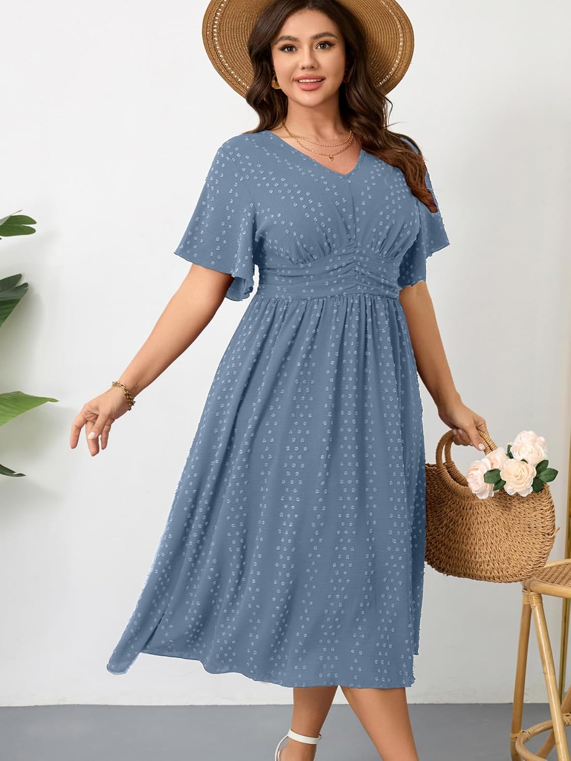 RWJ Women's Plus Size Maxi Dress V Neck Short Sleeve Swiss Dot A Line High Waist Boho Swing Casual Summer Dresses - Image 4