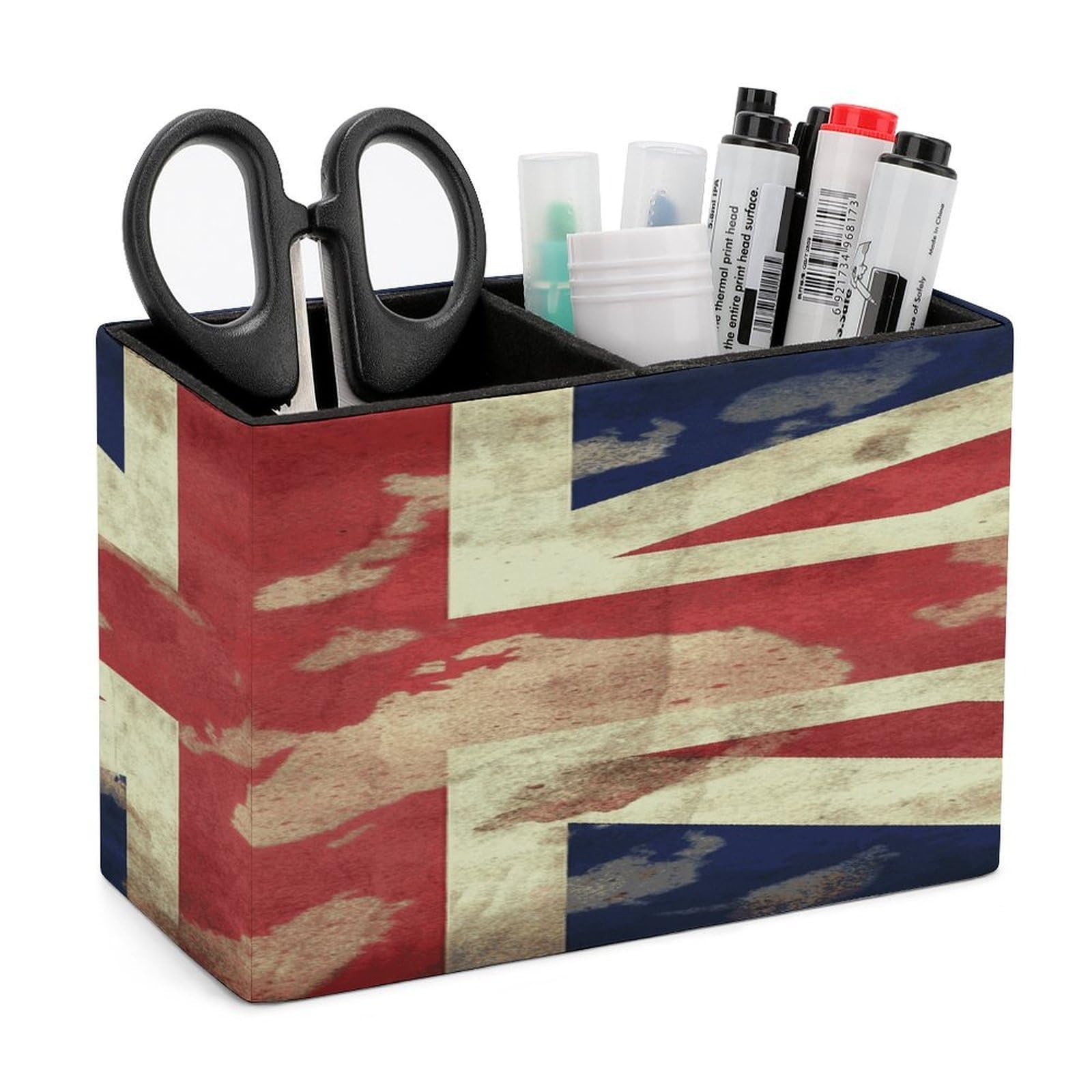 VstaDank Vintage Union Jack British Flag Pencil Holder for Desk(Double Slots) Fashion Leather Pencil Cup Simple Rectangular Shape Pen Holder Multi-Functional Pen Cup for Home Office Supplies Storage