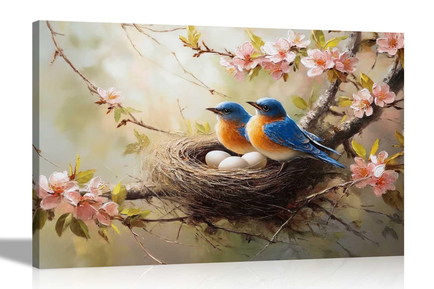 Artley Prints Pink Tree Bird Nest - Birds In Nest Pink Flowers Canvas Prints Art For Living Room Conservatory Hallway Office Home Decoration Pictures 40 X 30Cm (16 X 12 Inches) A3
