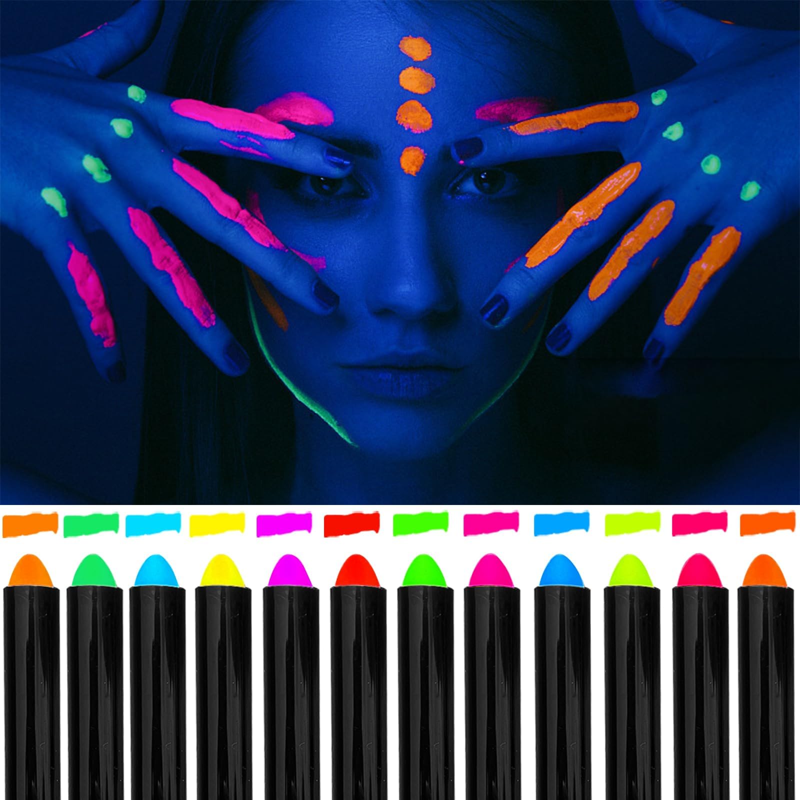 Zestaw 12 kolorów neonowych farb do makijażu dla dzieci, nadające się do prania, farby do ciała, kredki na Halloween, karnawał, UV bodypainting, makijaż