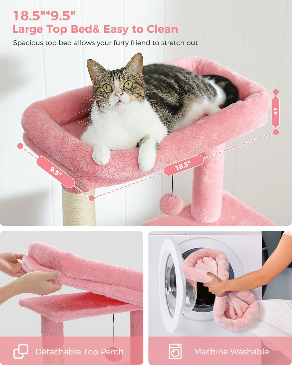 Pink Cat Tree for Large Cats with Super Large Top Perch,56.2" Multi-Level Tower for Indoor Cats with Hammock, Cat Shelves with Scratching Posts and 2 Condos Houses, Pink