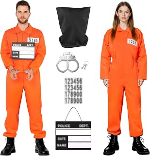 RUODON Prisoner Jumpsuit Men Women Halloween Orange Prisoner Costume Inmate Adult Criminal Outfit with Handcuffs Mug Shot Cap