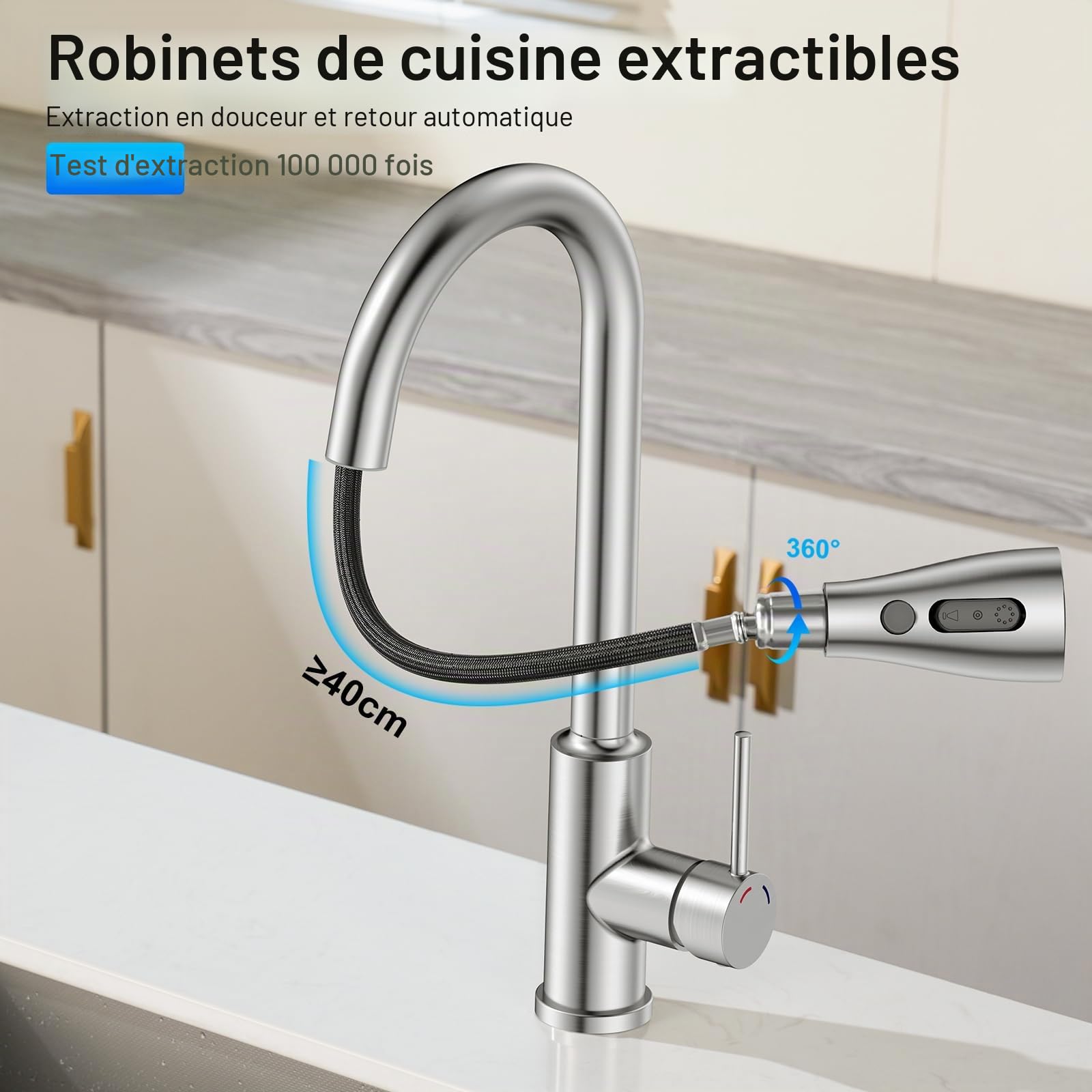Robinet Cuisine Rabattable Mitigeur Robinet Evier de Cuisine avec 4 Douchette Modes, 360° d'Évier à Arc Élevé Acier Inoxydable Robinet Cuisine (Nickel-c, Spout Height 22.7CM)