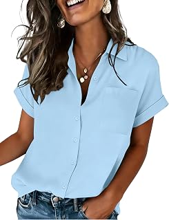 Womens Button Down Shirt Short Sleeve Blouse V Neck Dressy Casual Business Work Tops with Pocket S-XXL