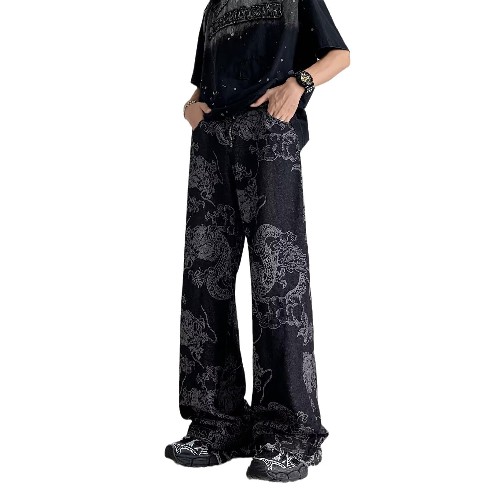 jupkem Y2K Baggy Jeans for Men Women Wide Leg Distressed Pattern Aesthetic Denim Pants Punk Gothic Hip Hop Streetwear