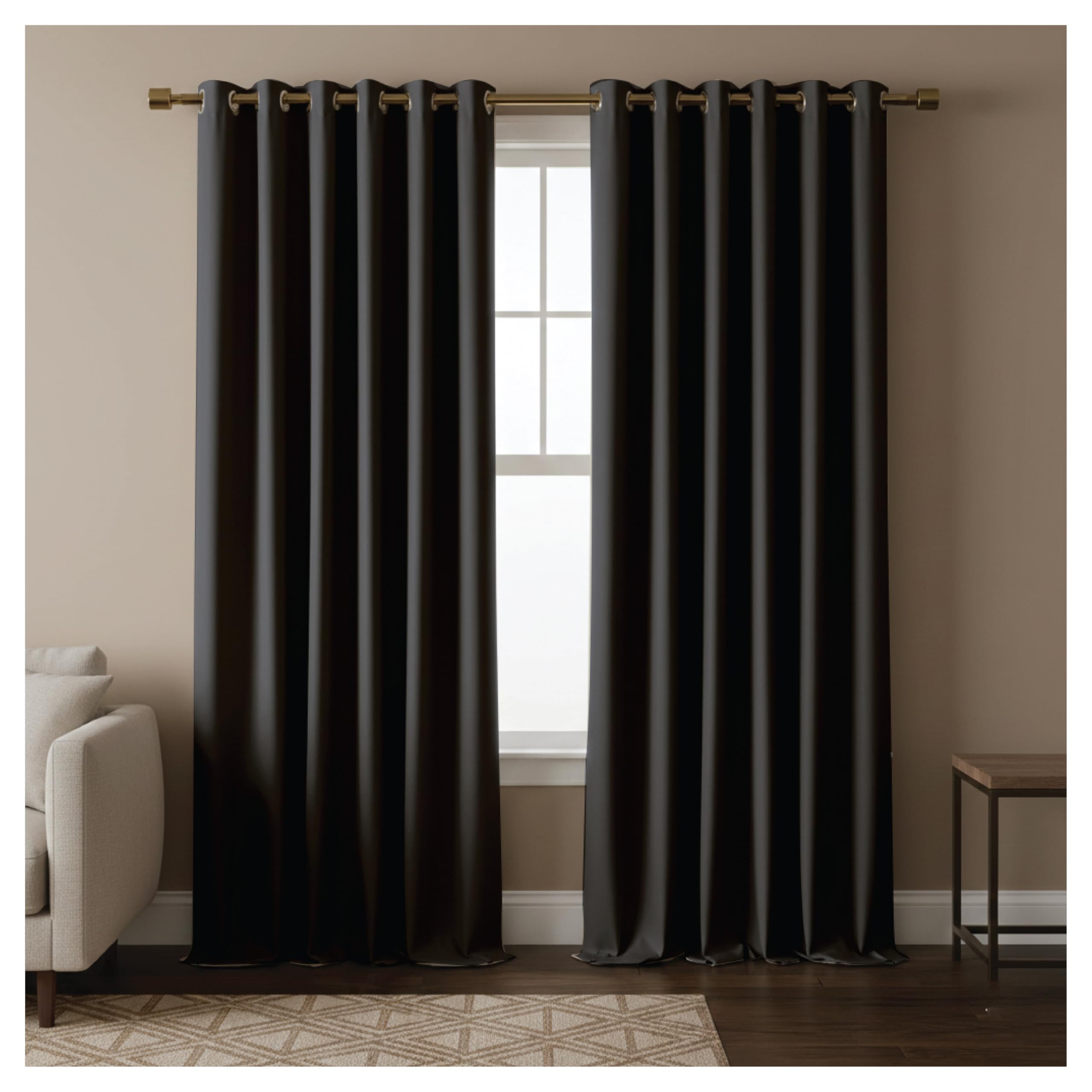 REHAN & CO Thermal Insulated Black out Ring Top Eyelet Curtain Black W 66" x L 90" (2 Panels) for Bedroom/Living Room, Black out super soft window curtains & drapes