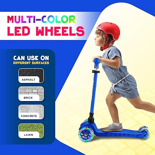 Vista 6 de HighMaster - Patinete para niños – Patinete de 3 ruedas para niños y niños pequeños – Manillar ajustable con luces LED en las ruedas – Diversión