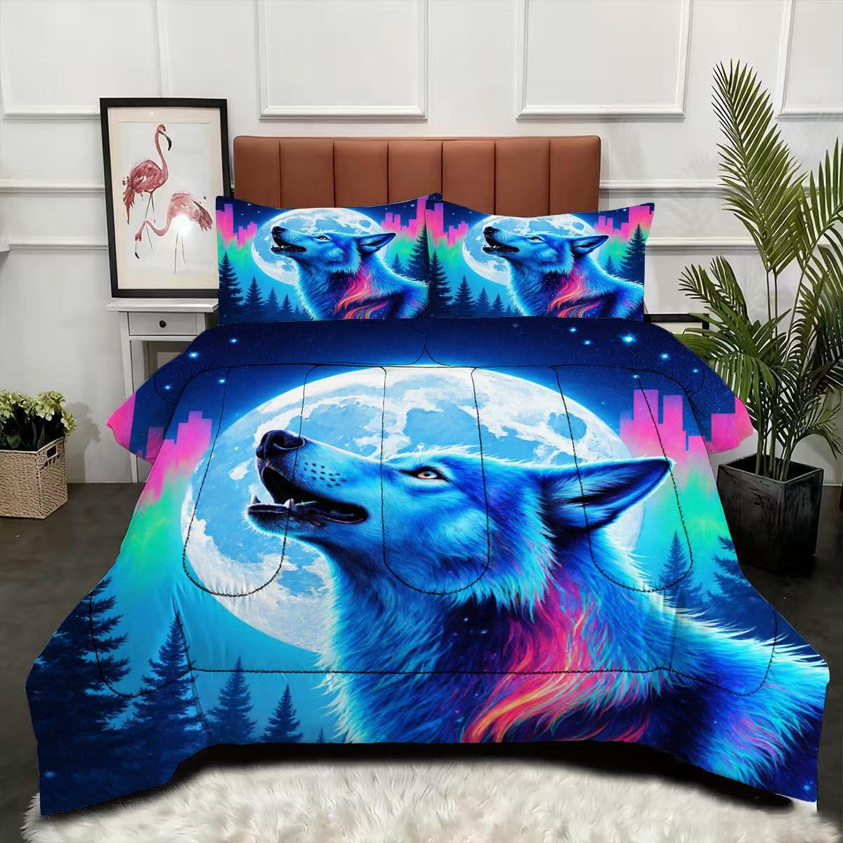 Couette 220 x 240 cm Loup avec 2 taies d'oreiller pour lit 2 personnes