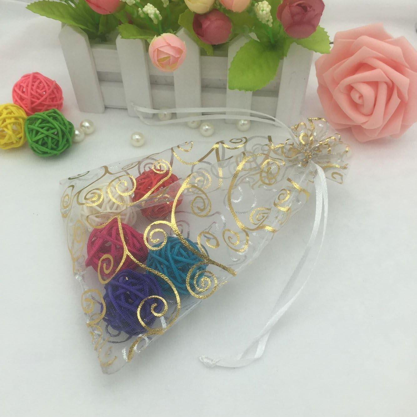 100pcs Sheer Organza Favor Bags For Wedding Baby Shower Rattan Print Gift Bags Samples Display Drawstring Pouches (3x4 inch, white) - Image 9