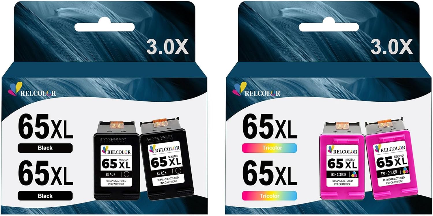 Relcolor Remanufactured Ink Cartridge Replacement for HP 65XL HP65 65 XL Black Color Combo for HP65XL for 5000 5055 5052 5014 5010 5070 3755 3700 3772 3752 2622 2640 2652 2655 2600 Printer, 4 Pack