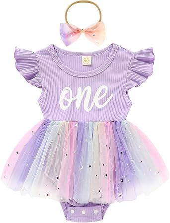 GRNSHTS Baby Girl 1st Birthday Outfits Ribbed Tulle Romper Princess Cake Smash Photo Shoot Clothes+Headband