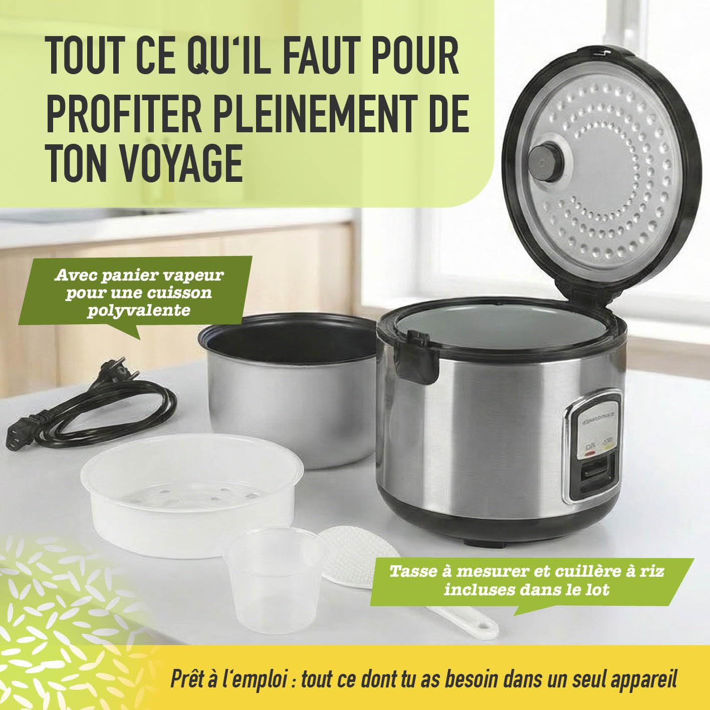 GOURMETmaxx cuiseur à riz compact & vapeur 1 L avec panier vapeur, cuve, spatule et verre doseur. Fonction maintien au chaud, idéal pour célibataires et petites familles, compatible lave-vaisselle.