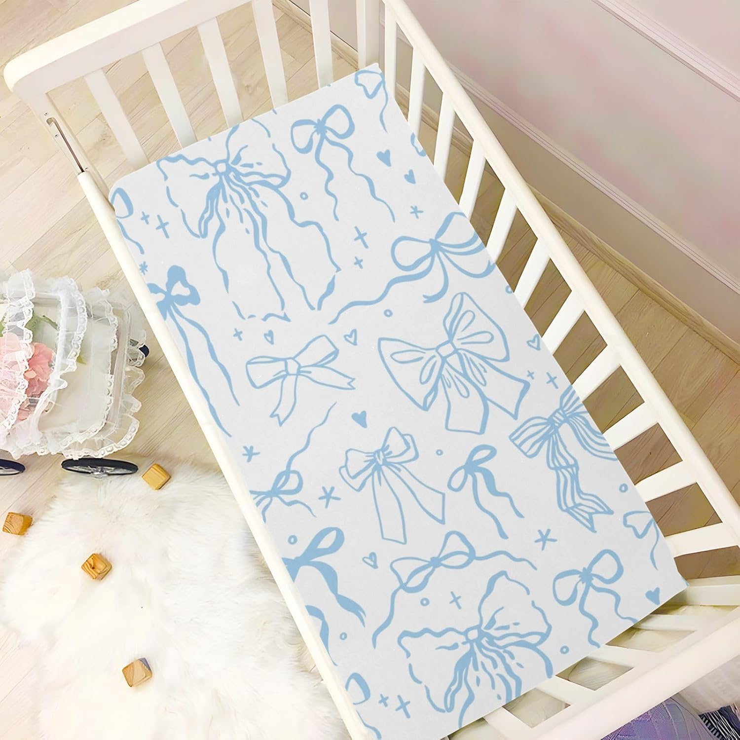 Cartoon Doodle Blue Bows Fitted Crib Sheets Stretchy Portable Playard Sheets for Baby Toddler, Breathable Soft Mini Crib Mattress 52 x 28 in for Boys and Girls