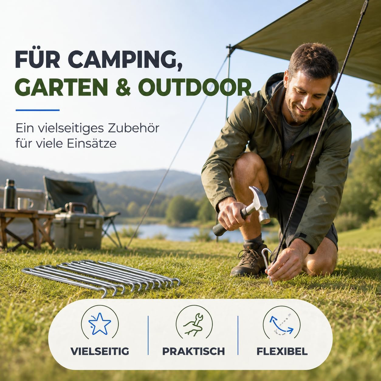 Piquetas para tienda de campaña de 18 cm – piquetas de acero resistentes para camping, jardín y exterior – Fijación estable para tienda de campaña y accesorios versátiles (100 unidades)