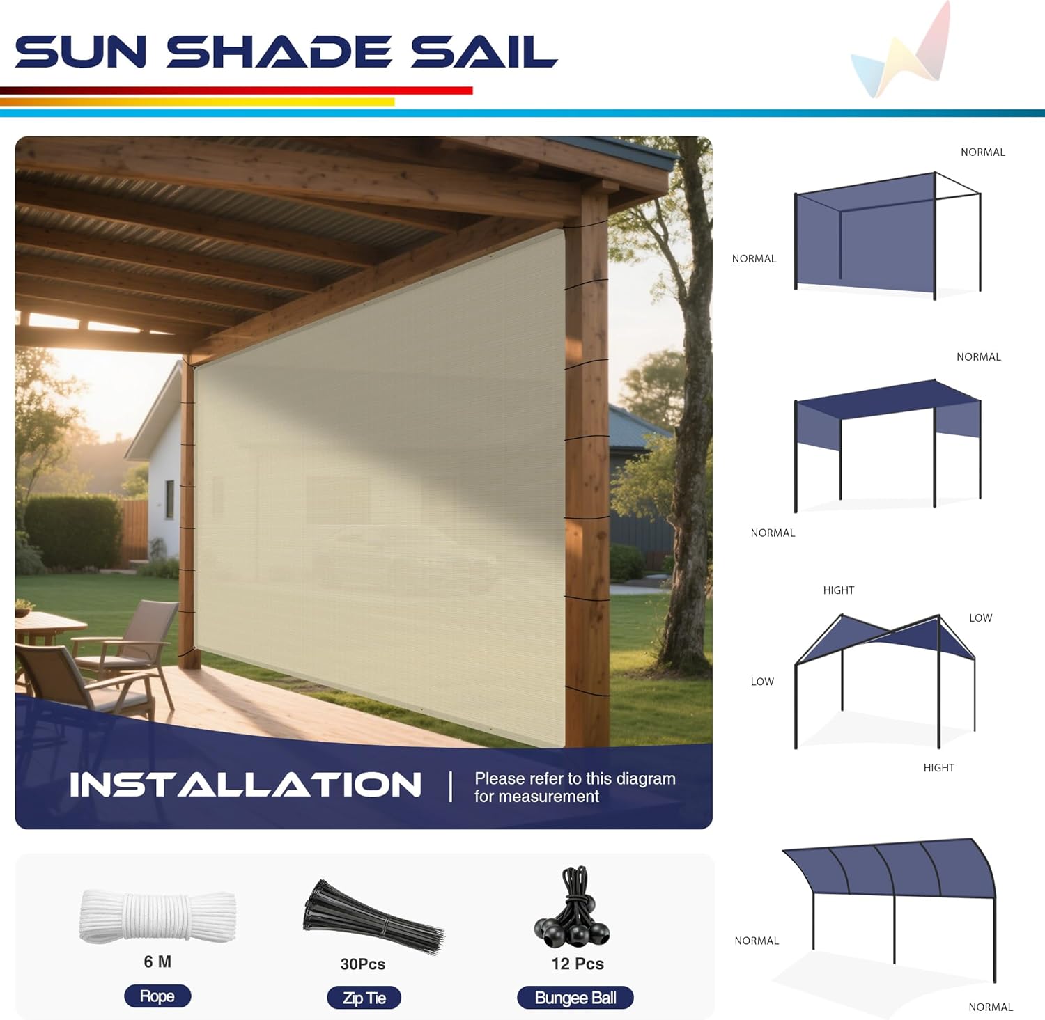 Windscreen4less 15' x 30' Sun Shade Sail Straight Edge Sun Shade Canopy Cover Outdoor with Grommets D-Ring UV Block for Pergola Backyard Patio (Beige)