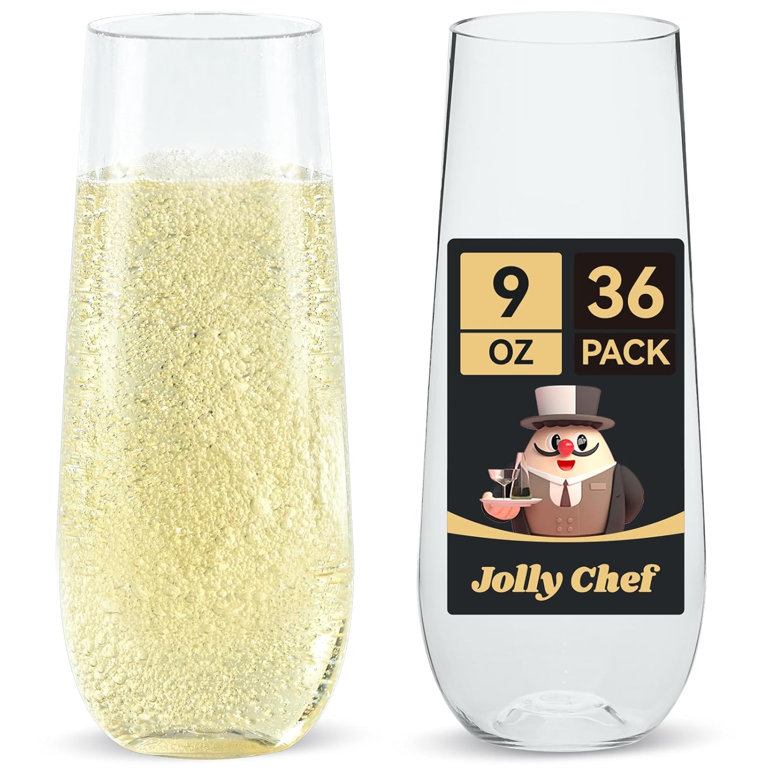 JOLLY CHEF 36 Pack Stemless Plastic Champagne Flutes 9 oz Crystal Clear Stemless Plastic Toasting Glasses Clear Disposable