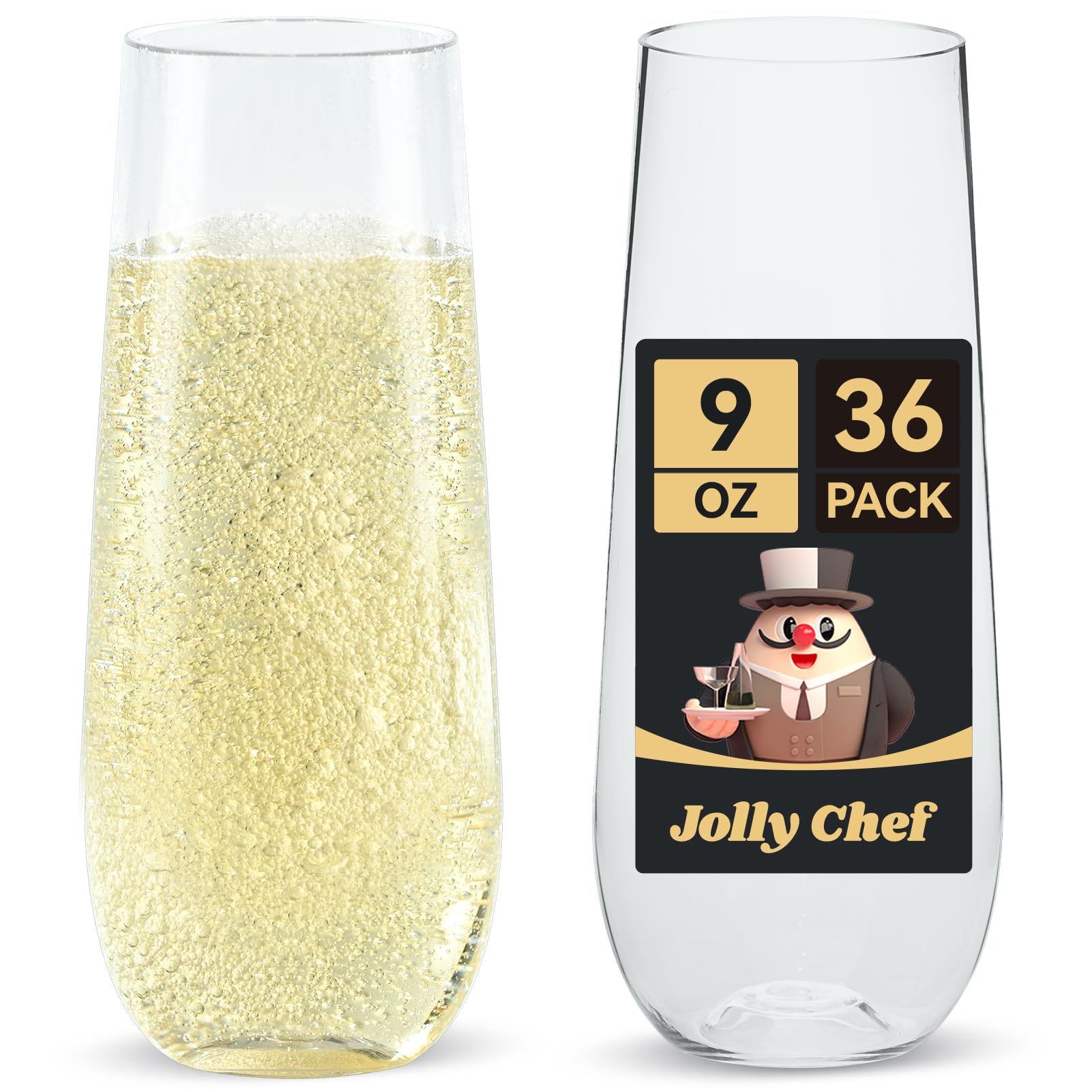 JOLLY CHEF 36 Pack Stemless Plastic Champagne Flutes 9 oz, Crystal Clear Stemless Plastic Toasting Glasses, Clear Disposable Unbreakable Drinkware Ideal for Wedding, Birthday, Party, Thanksgiving