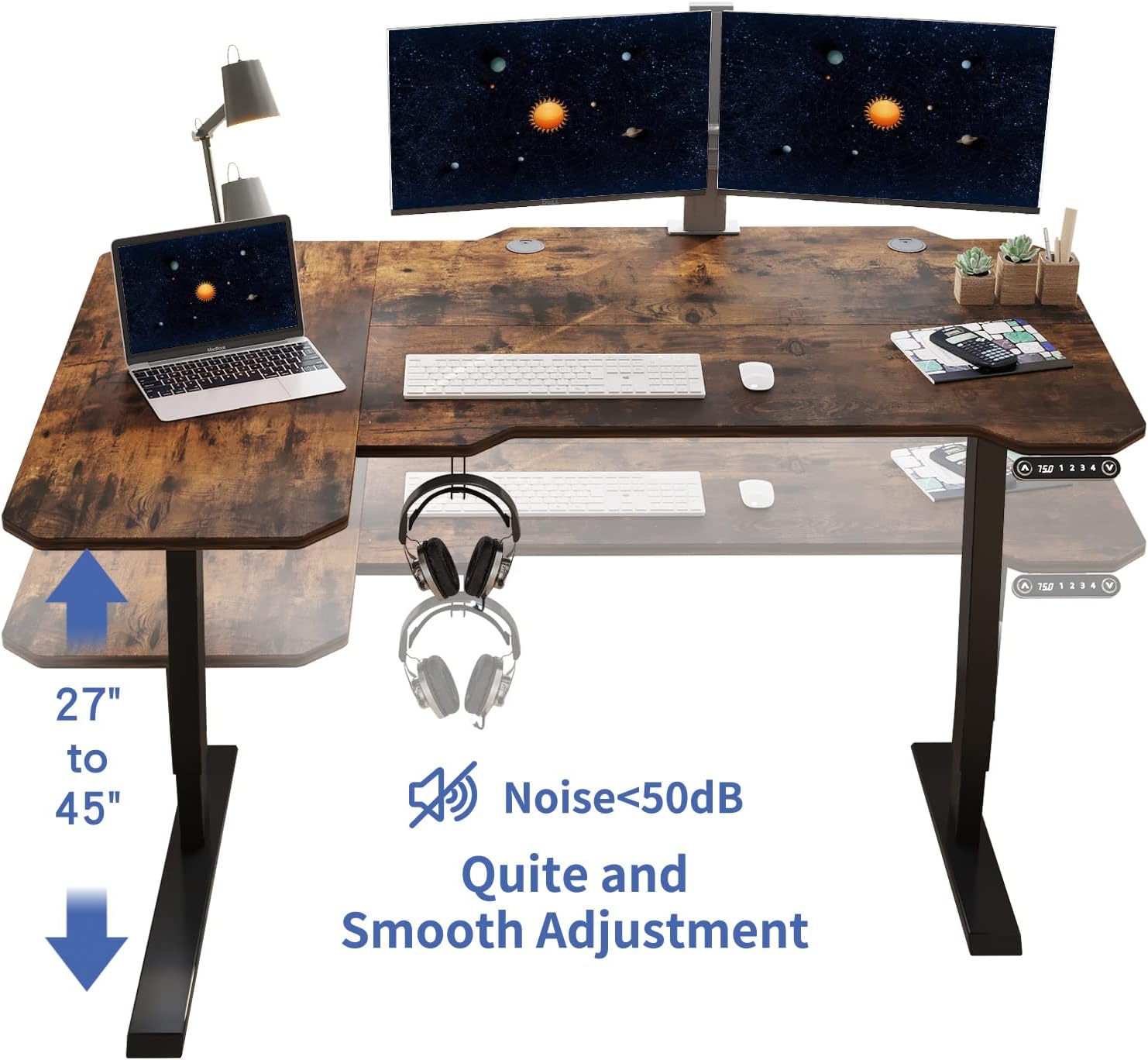 A person assembling the L-shaped desktop sections by inserting wooden dowels and securing them with screws.